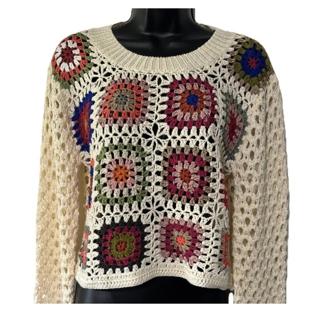Debut Sweater Women's Small Cream Crochet Granny Square Patchwork Open Knit Boho